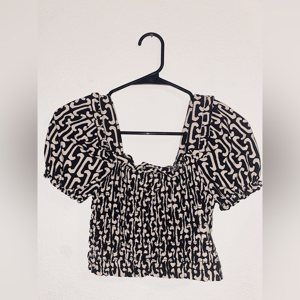 Tan and Black print, U neck crop top